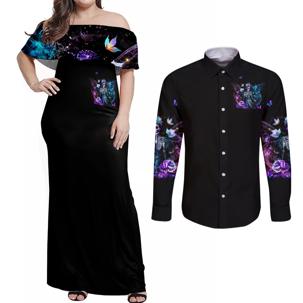 Dia De Los Muertos Skull Couples Matching Off Shoulder Maxi Dress and Long Sleeve Button Shirts My Next Life I Want To Be Karma Fairy - Wonder Print Shop