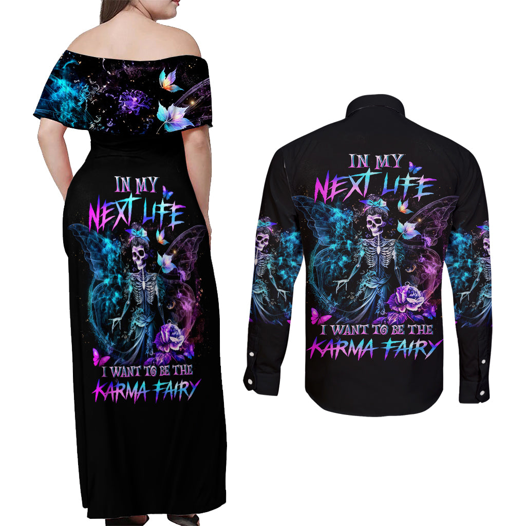 Dia De Los Muertos Skull Couples Matching Off Shoulder Maxi Dress and Long Sleeve Button Shirts My Next Life I Want To Be Karma Fairy - Wonder Print Shop