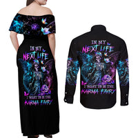 Dia De Los Muertos Skull Couples Matching Off Shoulder Maxi Dress and Long Sleeve Button Shirts My Next Life I Want To Be Karma Fairy - Wonder Print Shop