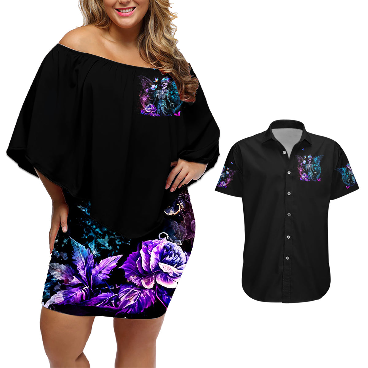 Dia De Los Muertos Skull Couples Matching Off Shoulder Short Dress and Hawaiian Shirt My Next Life I Want To Be Karma Fairy - Wonder Print Shop