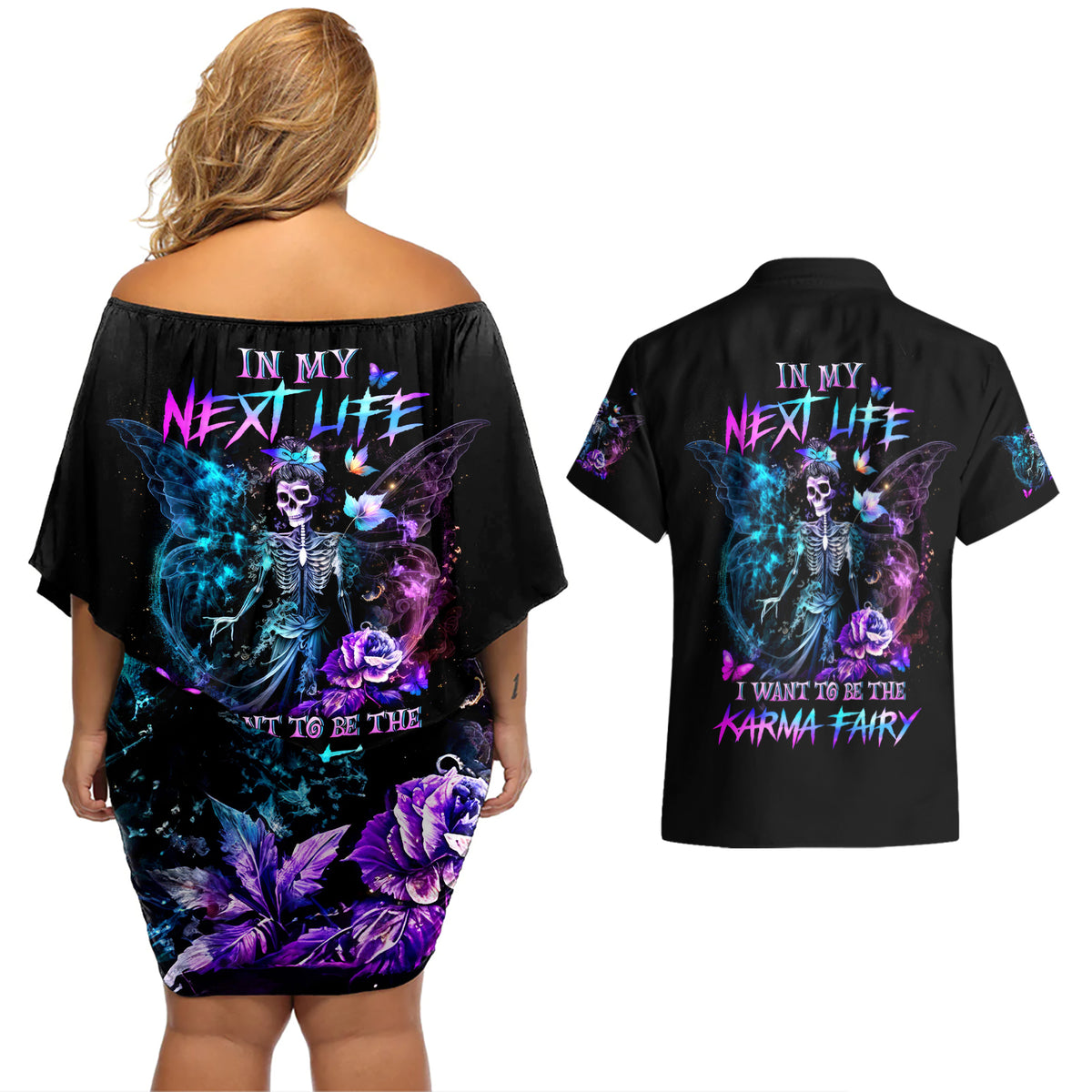 Dia De Los Muertos Skull Couples Matching Off Shoulder Short Dress and Hawaiian Shirt My Next Life I Want To Be Karma Fairy - Wonder Print Shop