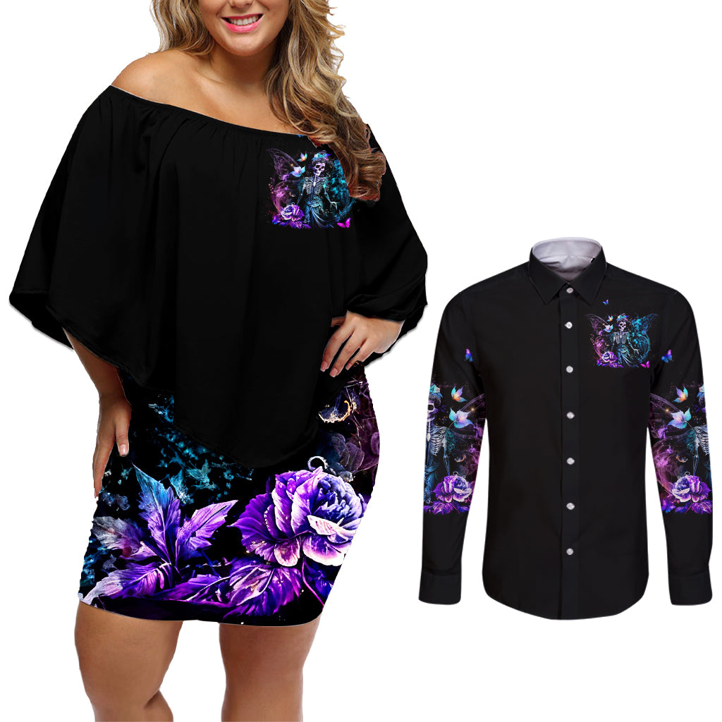 Dia De Los Muertos Skull Couples Matching Off Shoulder Short Dress and Long Sleeve Button Shirts My Next Life I Want To Be Karma Fairy - Wonder Print Shop