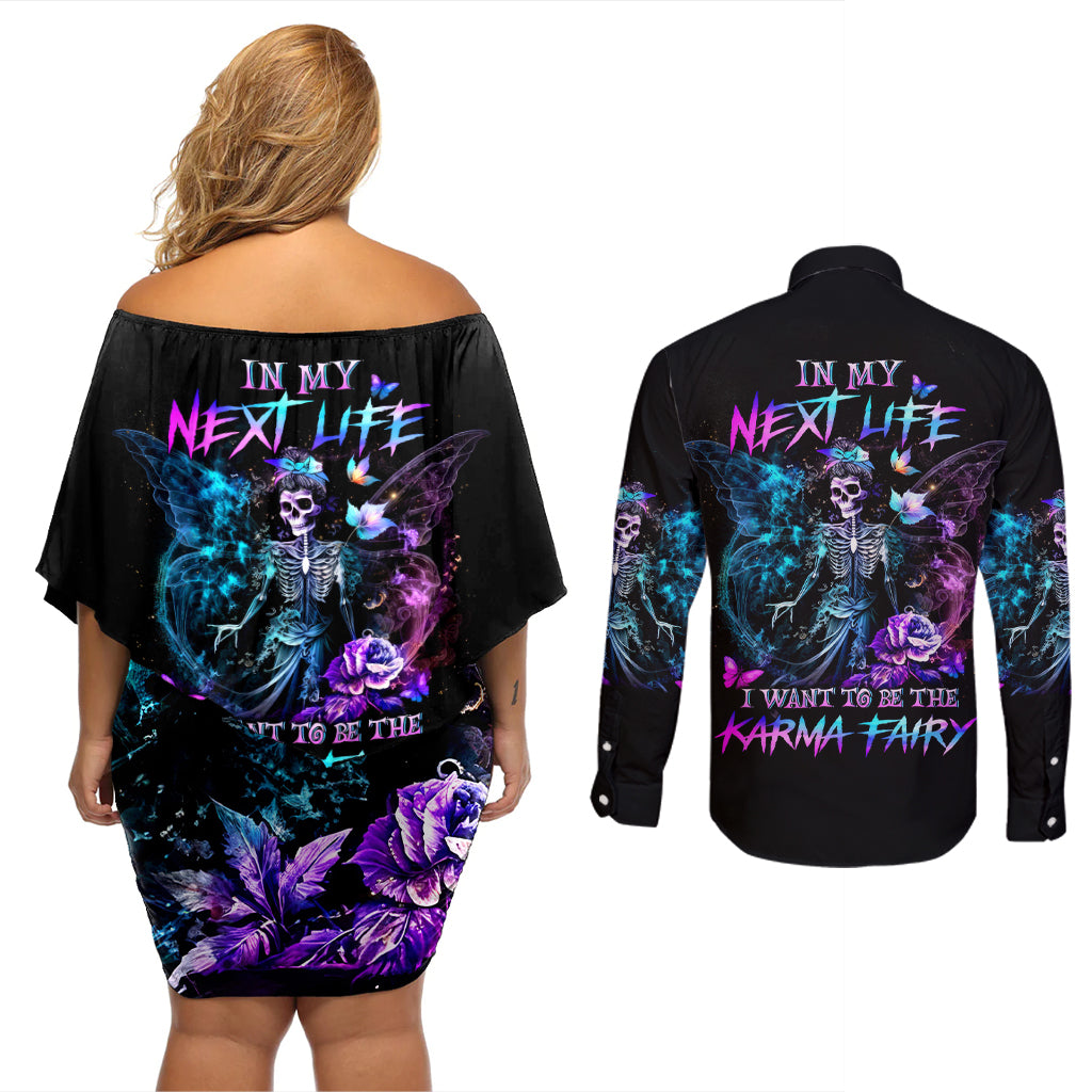 Dia De Los Muertos Skull Couples Matching Off Shoulder Short Dress and Long Sleeve Button Shirts My Next Life I Want To Be Karma Fairy - Wonder Print Shop