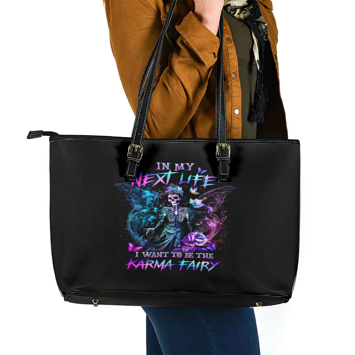 Dia De Los Muertos Skull Leather Tote Bag My Next Life I Want To Be Karma Fairy - Wonder Print Shop