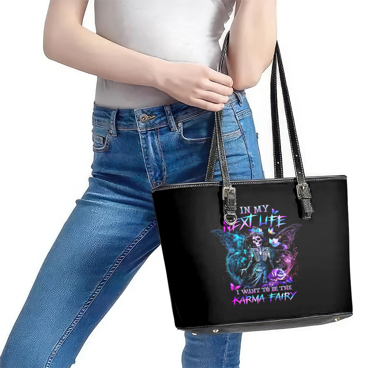 Dia De Los Muertos Skull Leather Tote Bag My Next Life I Want To Be Karma Fairy - Wonder Print Shop