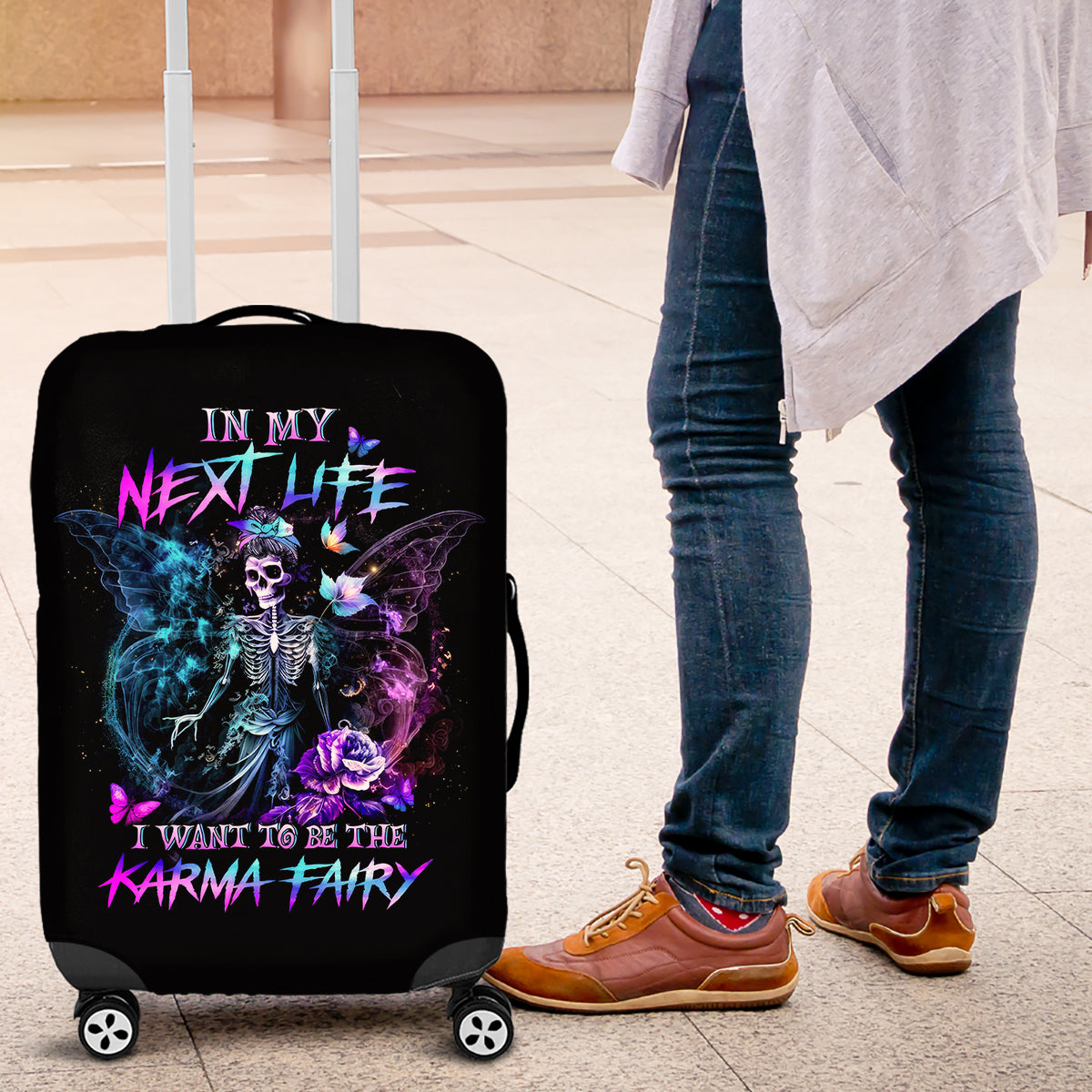 Dia De Los Muertos Skull Luggage Cover My Next Life I Want To Be Karma Fairy - Wonder Print Shop