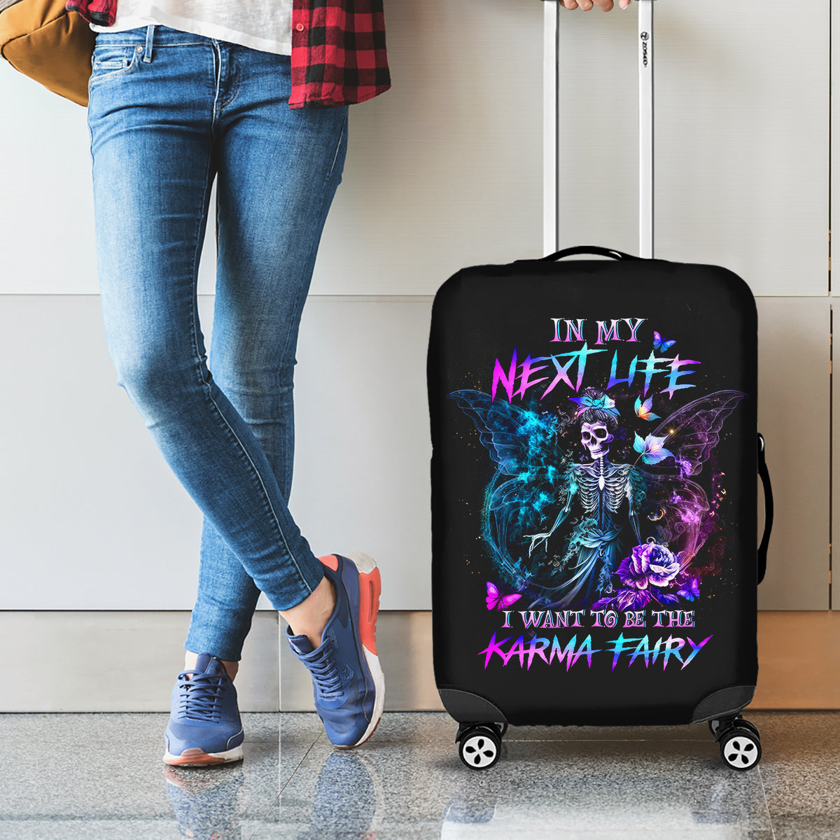 Dia De Los Muertos Skull Luggage Cover My Next Life I Want To Be Karma Fairy - Wonder Print Shop
