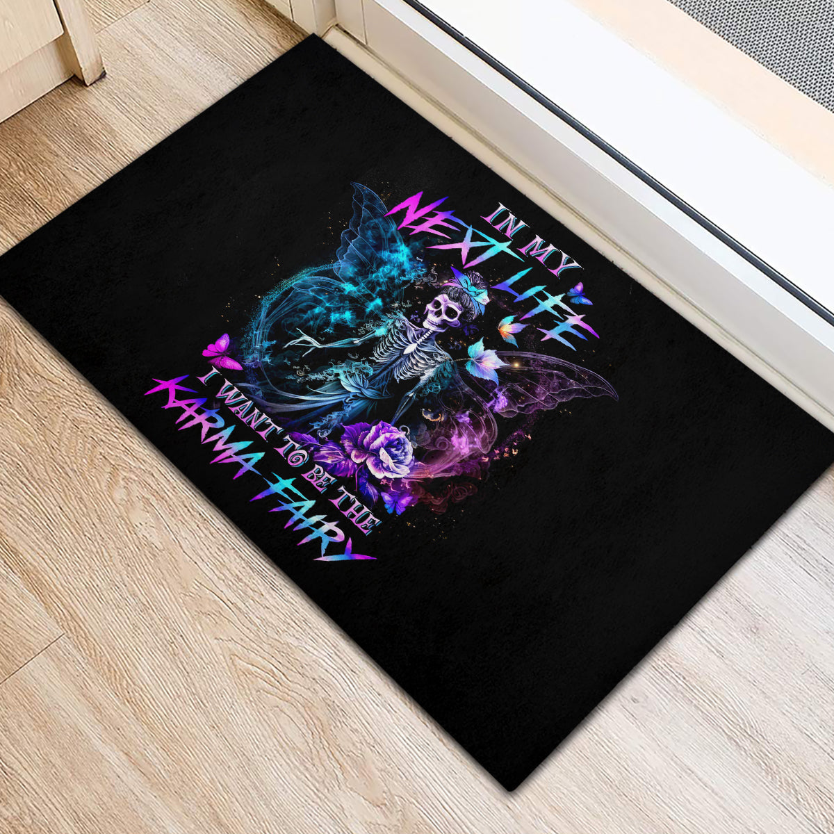 Dia De Los Muertos Skull Rubber Doormat My Next Life I Want To Be Karma Fairy - Wonder Print Shop