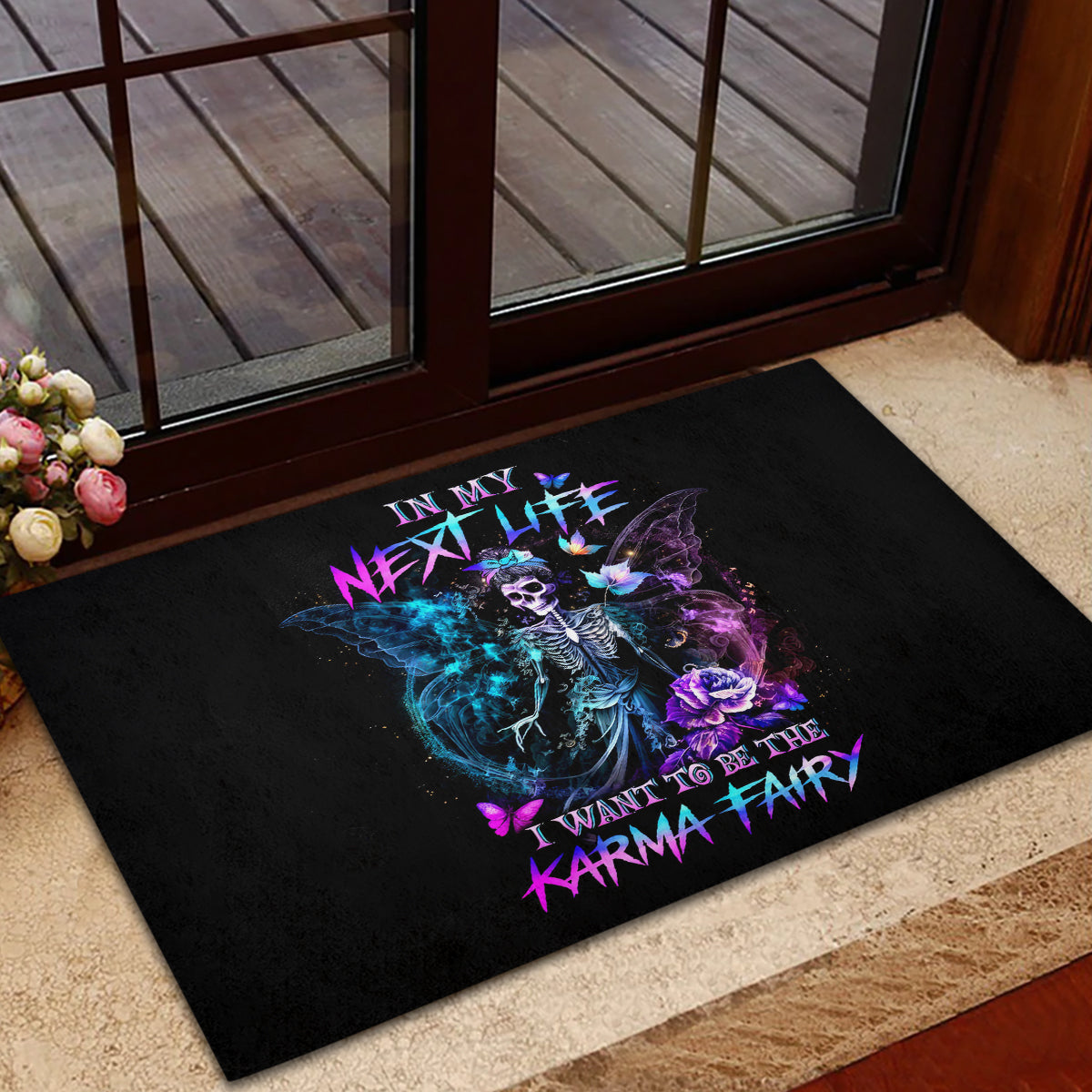 Dia De Los Muertos Skull Rubber Doormat My Next Life I Want To Be Karma Fairy - Wonder Print Shop