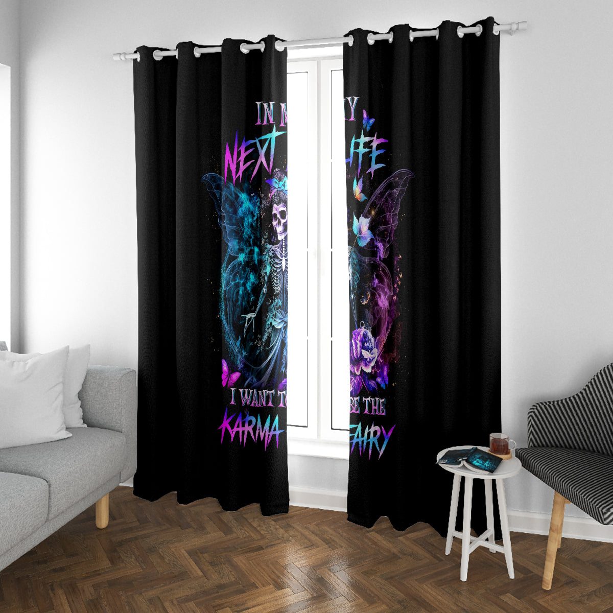 Dia De Los Muertos Skull Window Curtain My Next Life I Want To Be Karma Fairy - Wonder Print Shop
