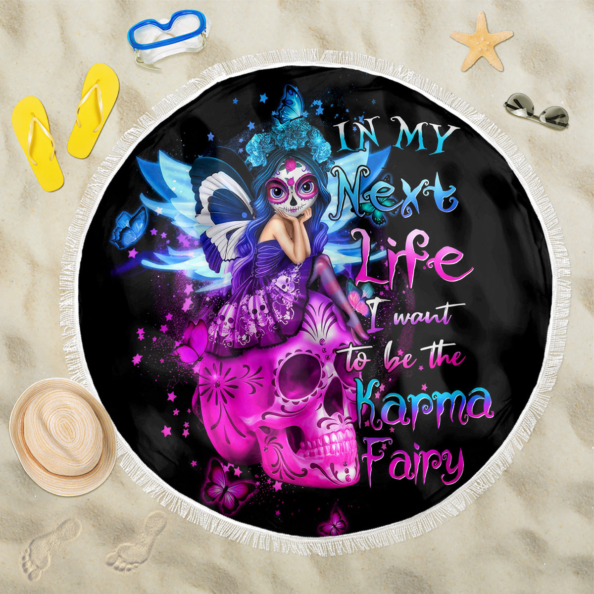 Tiny Fairy Skull Beach Blanket My Next Life I Want To Be Karma Fairy - Wonder Print Shop