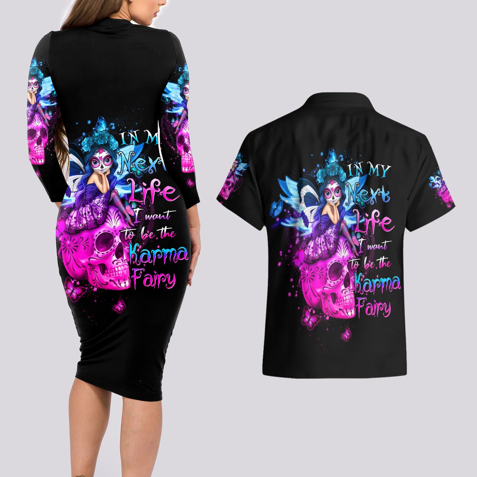 Tiny Fairy Skull Couples Matching Long Sleeve Bodycon Dress and Hawaiian Shirt My Next Life I Want To Be Karma Fairy - Wonder Print Shop