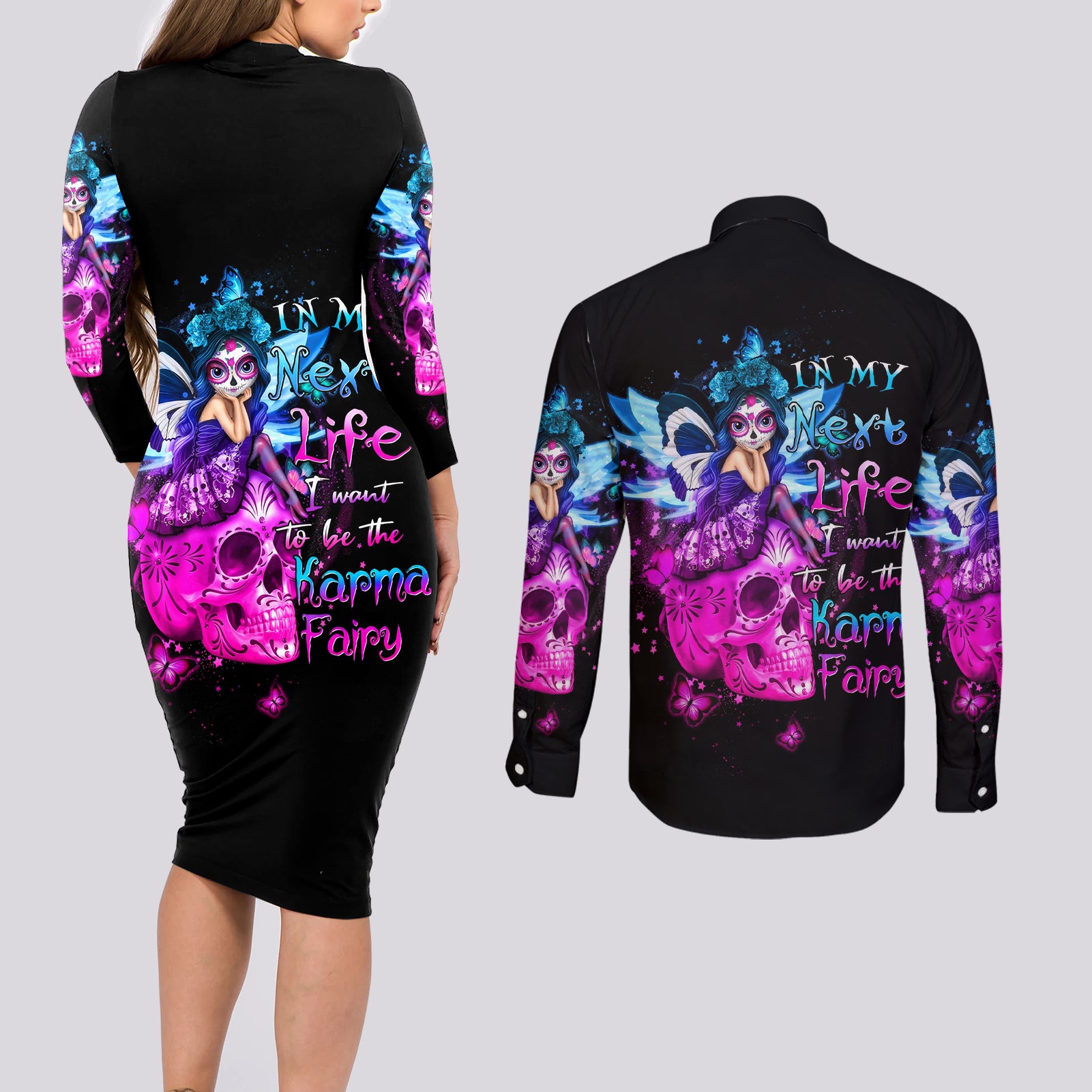 Tiny Fairy Skull Couples Matching Long Sleeve Bodycon Dress and Long Sleeve Button Shirts My Next Life I Want To Be Karma Fairy - Wonder Print Shop