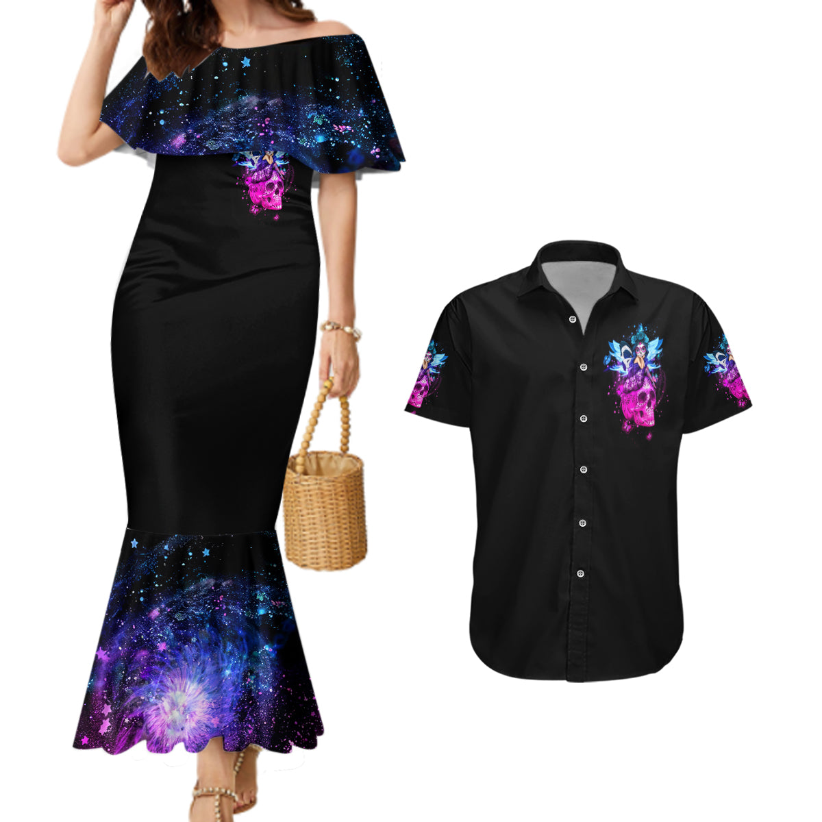 Tiny Fairy Skull Couples Matching Mermaid Dress and Hawaiian Shirt My Next Life I Want To Be Karma Fairy - Wonder Print Shop
