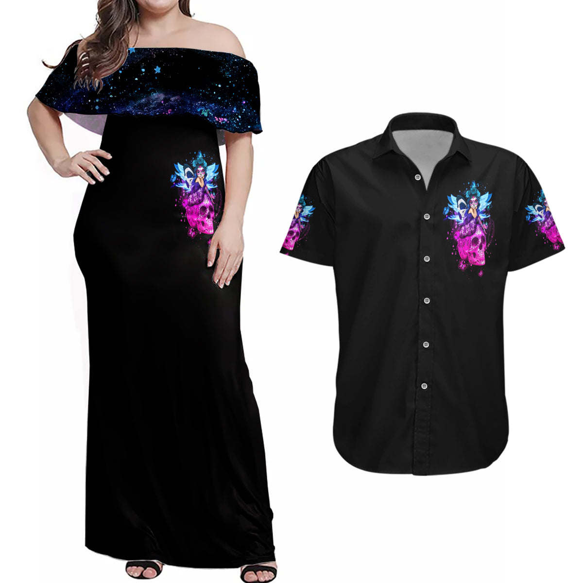 Tiny Fairy Skull Couples Matching Off Shoulder Maxi Dress and Hawaiian Shirt My Next Life I Want To Be Karma Fairy - Wonder Print Shop