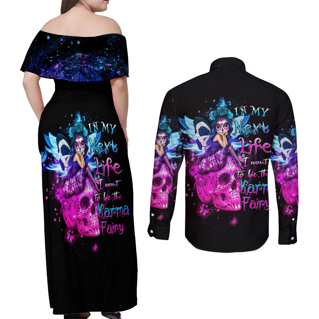 Tiny Fairy Skull Couples Matching Off Shoulder Maxi Dress and Long Sleeve Button Shirts My Next Life I Want To Be Karma Fairy - Wonder Print Shop