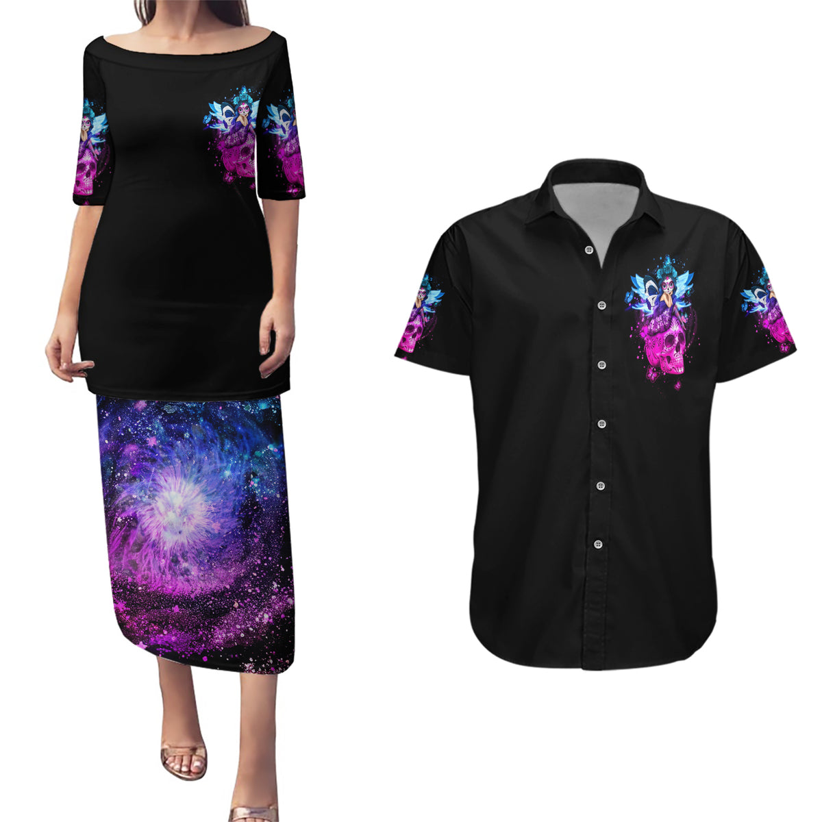Tiny Fairy Skull Couples Matching Puletasi Dress and Hawaiian Shirt My Next Life I Want To Be Karma Fairy - Wonder Print Shop