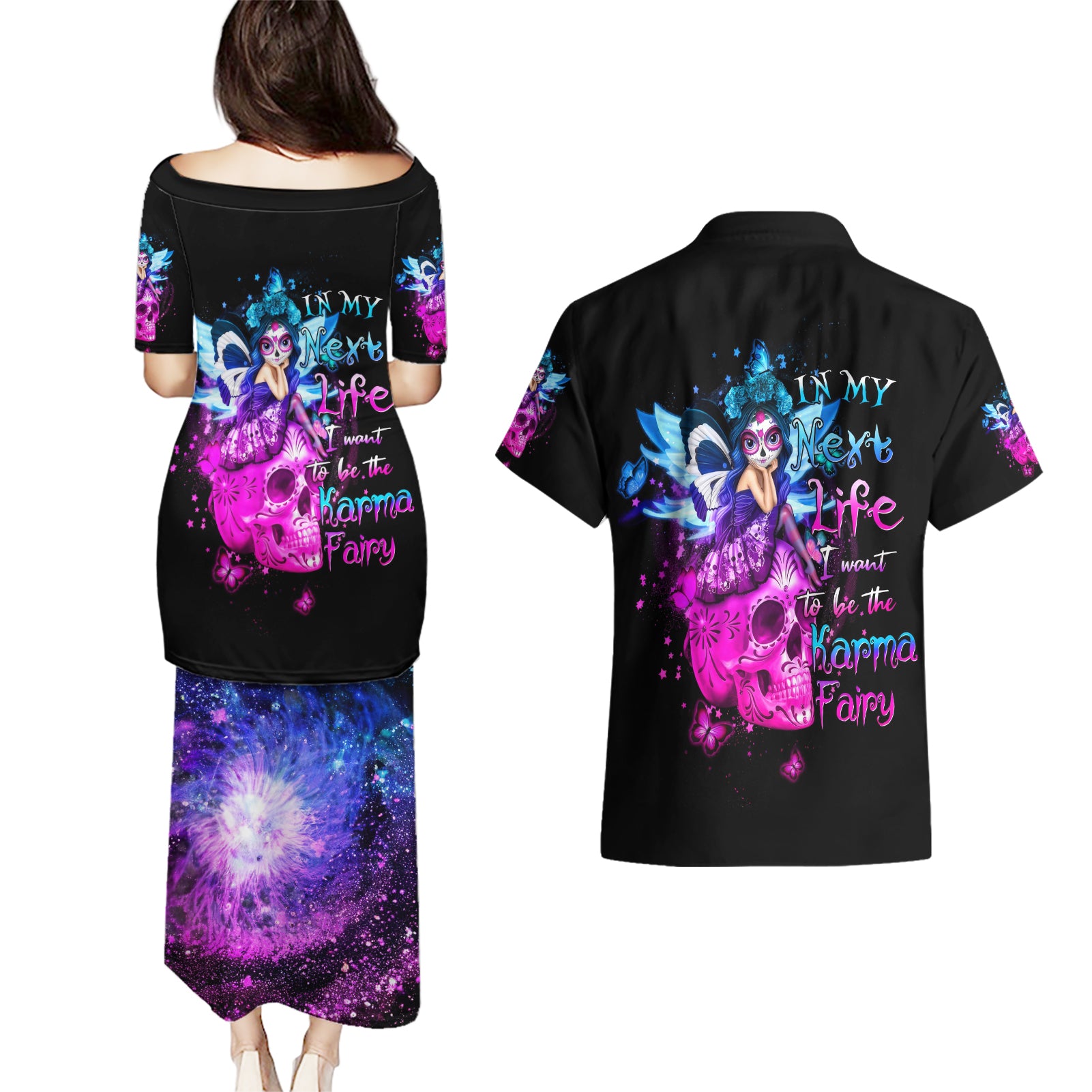 Tiny Fairy Skull Couples Matching Puletasi Dress and Hawaiian Shirt My Next Life I Want To Be Karma Fairy - Wonder Print Shop