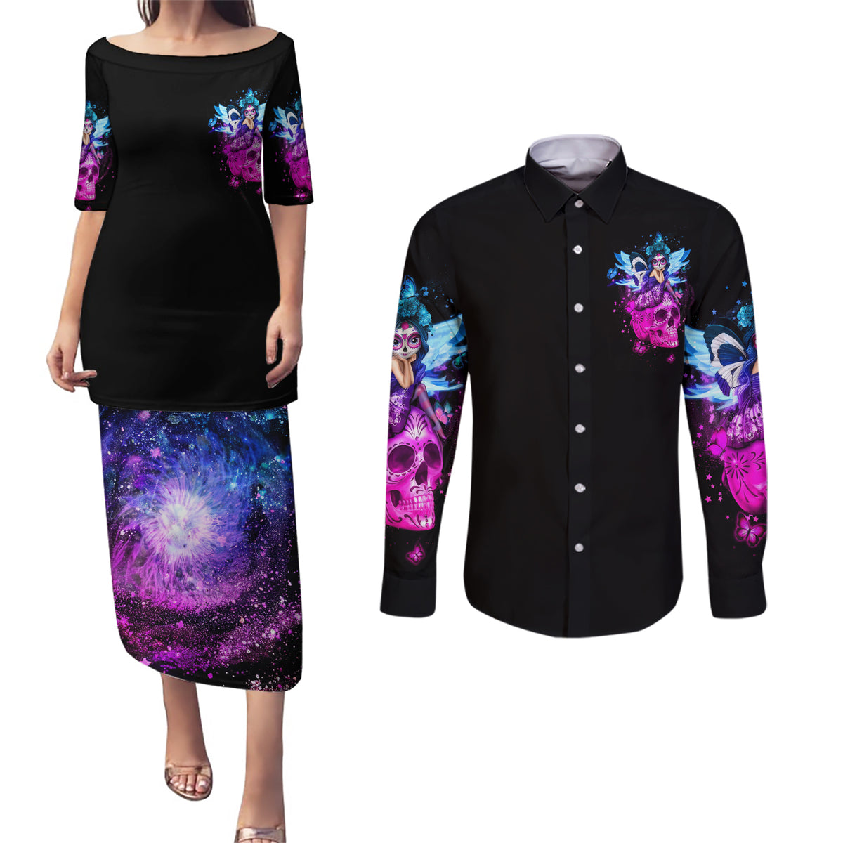 Tiny Fairy Skull Couples Matching Puletasi Dress and Long Sleeve Button Shirts My Next Life I Want To Be Karma Fairy - Wonder Print Shop