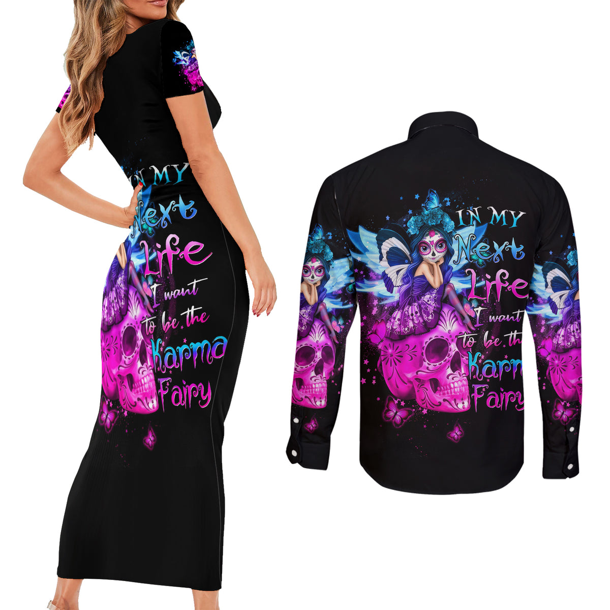 Tiny Fairy Skull Couples Matching Short Sleeve Bodycon Dress and Long Sleeve Button Shirts My Next Life I Want To Be Karma Fairy - Wonder Print Shop