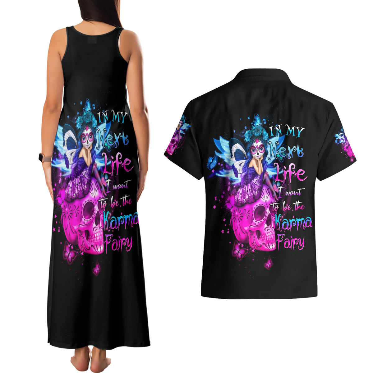 Tiny Fairy Skull Couples Matching Tank Maxi Dress and Hawaiian Shirt My Next Life I Want To Be Karma Fairy - Wonder Print Shop
