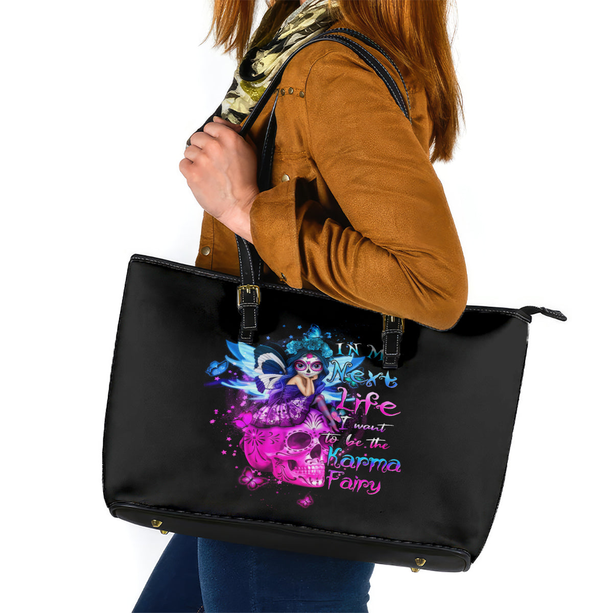 Tiny Fairy Skull Leather Tote Bag My Next Life I Want To Be Karma Fairy - Wonder Print Shop