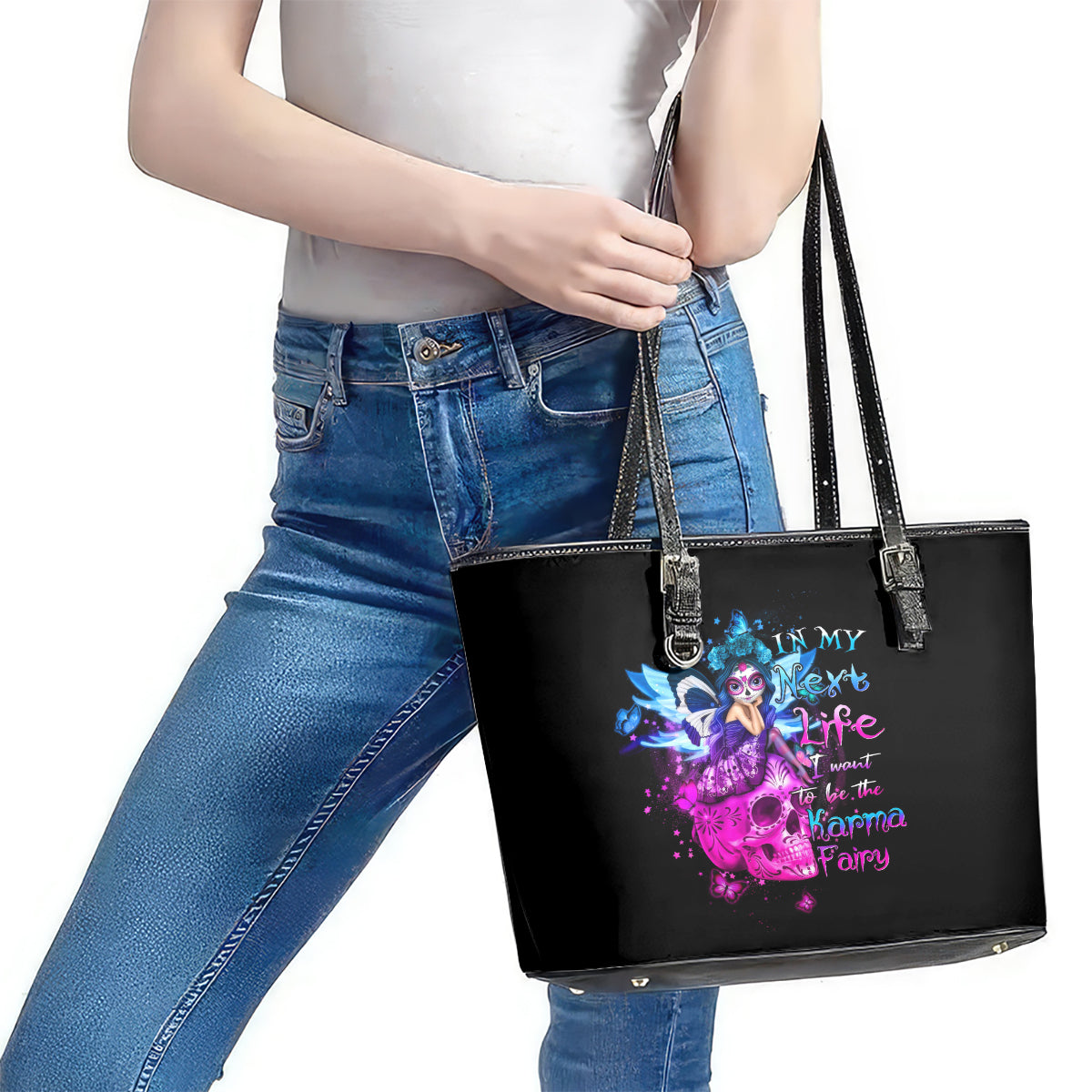 Tiny Fairy Skull Leather Tote Bag My Next Life I Want To Be Karma Fairy - Wonder Print Shop