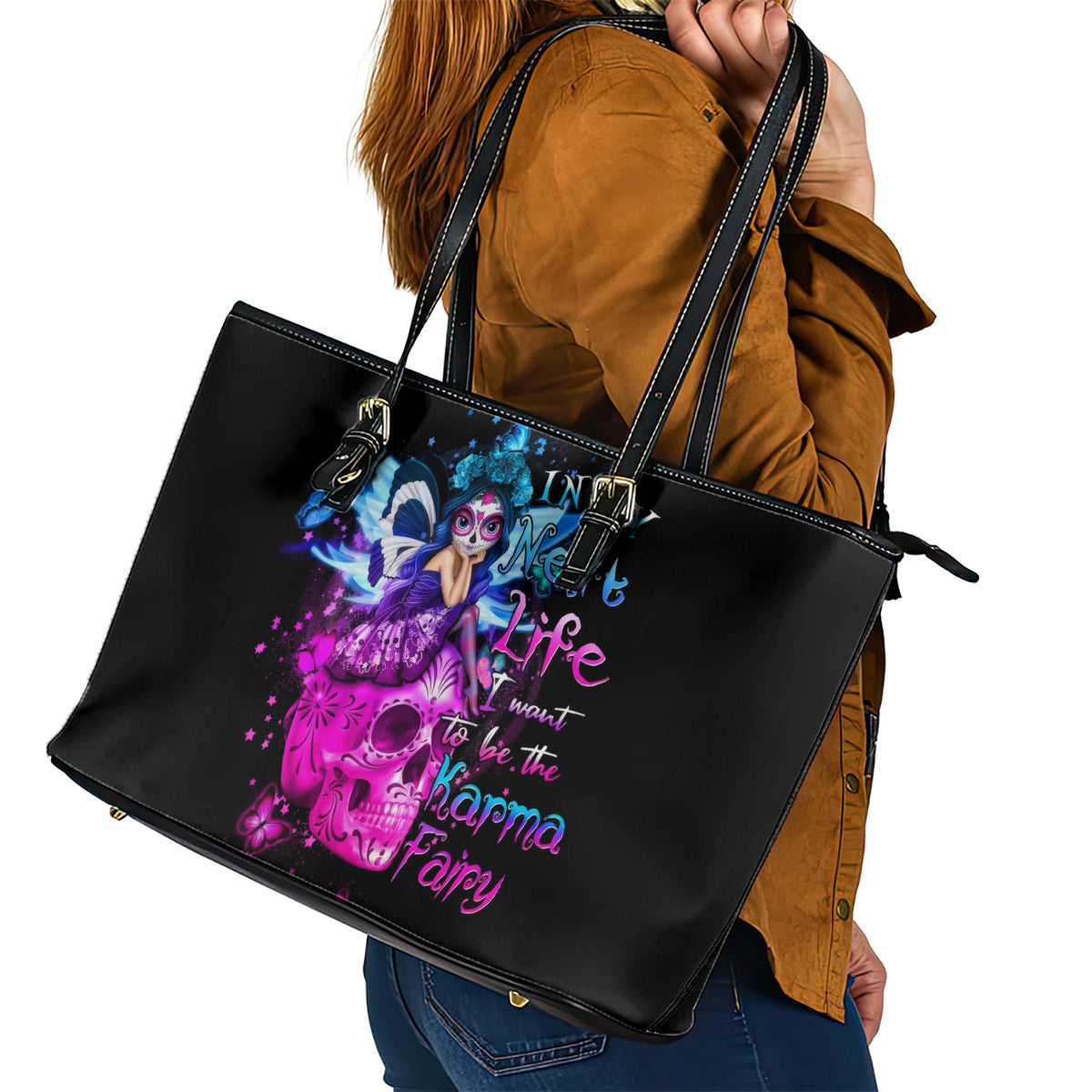 Tiny Fairy Skull Leather Tote Bag My Next Life I Want To Be Karma Fairy - Wonder Print Shop