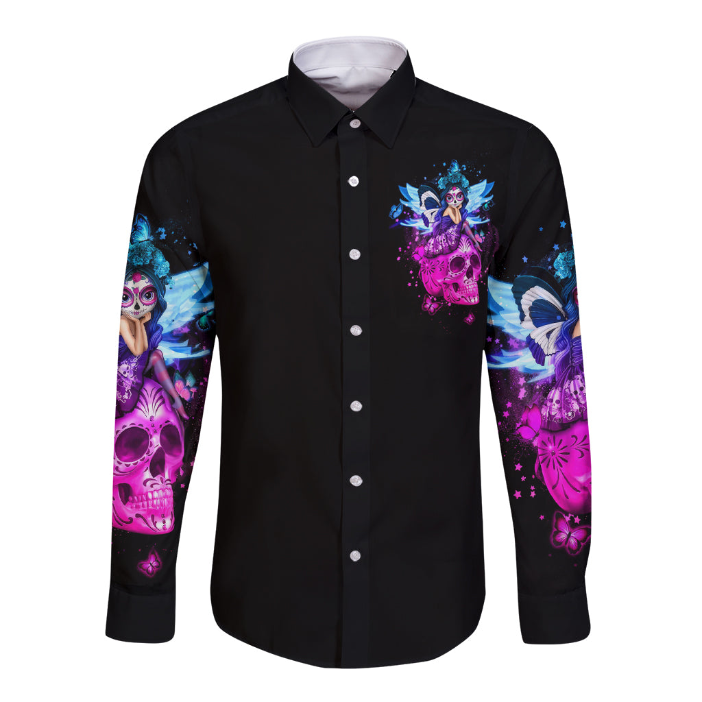 Tiny Fairy Skull Long Sleeve Button Shirt My Next Life I Want To Be Karma Fairy - Wonder Print Shop