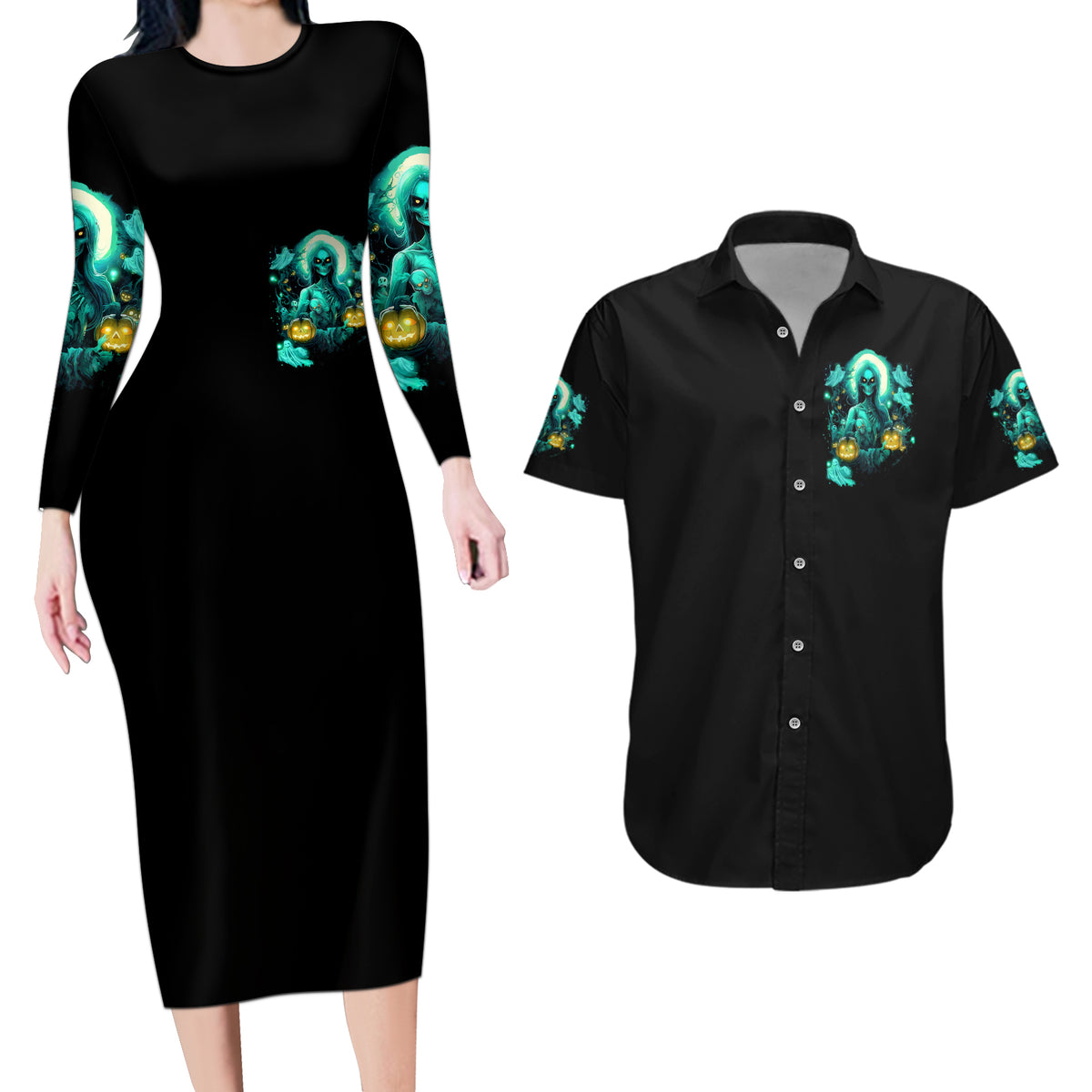 Witch Skull Couples Matching Long Sleeve Bodycon Dress and Hawaiian Shirt Into Darkness To Lose Our Mind And Find Our Souls - Wonder Print Shop