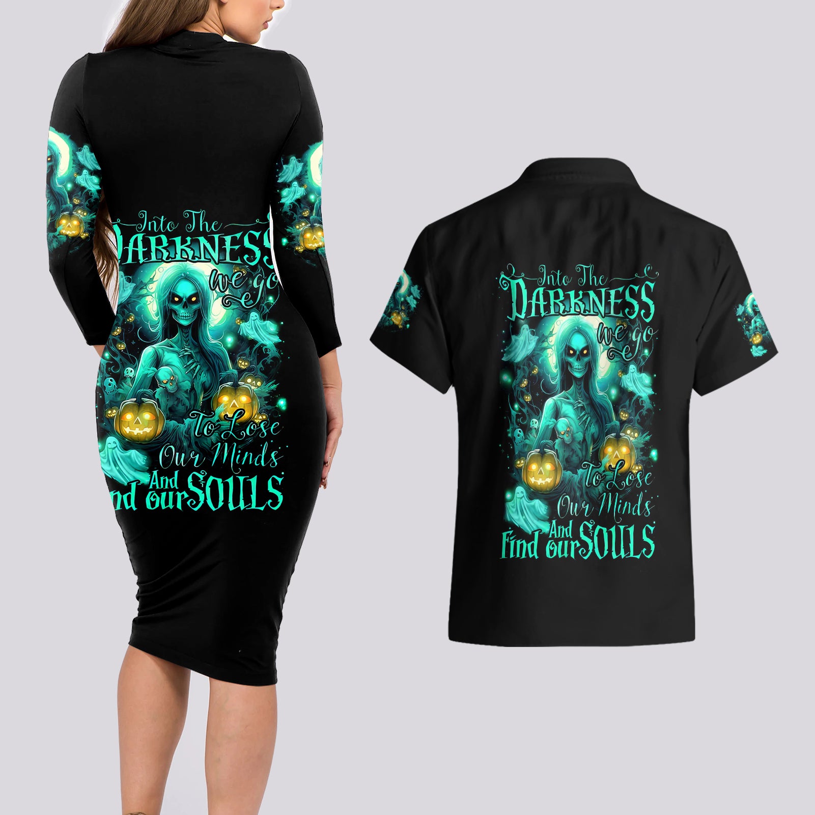 Witch Skull Couples Matching Long Sleeve Bodycon Dress and Hawaiian Shirt Into Darkness To Lose Our Mind And Find Our Souls - Wonder Print Shop