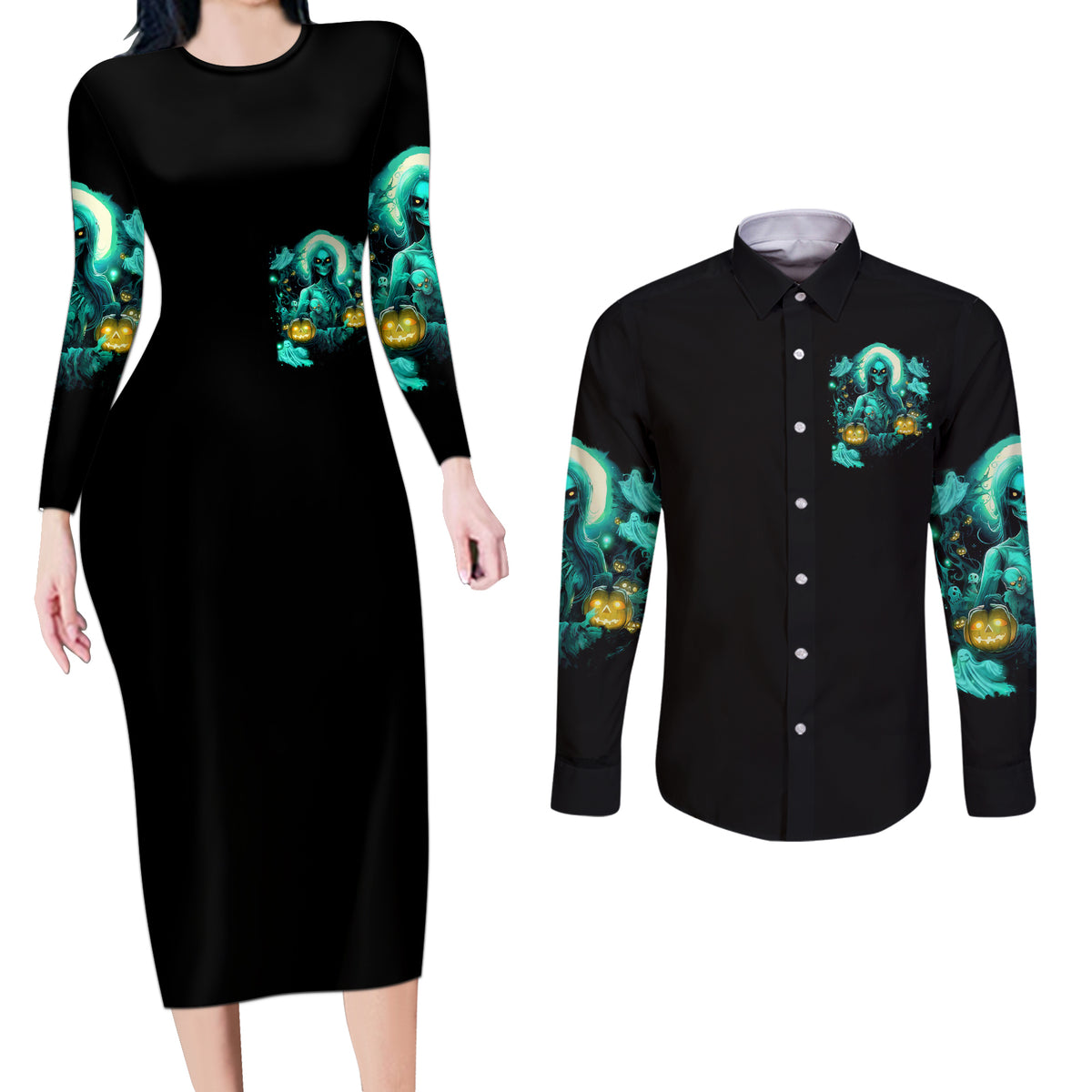 Witch Skull Couples Matching Long Sleeve Bodycon Dress and Long Sleeve Button Shirts Into Darkness To Lose Our Mind And Find Our Souls - Wonder Print Shop