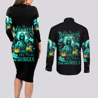 Witch Skull Couples Matching Long Sleeve Bodycon Dress and Long Sleeve Button Shirts Into Darkness To Lose Our Mind And Find Our Souls - Wonder Print Shop
