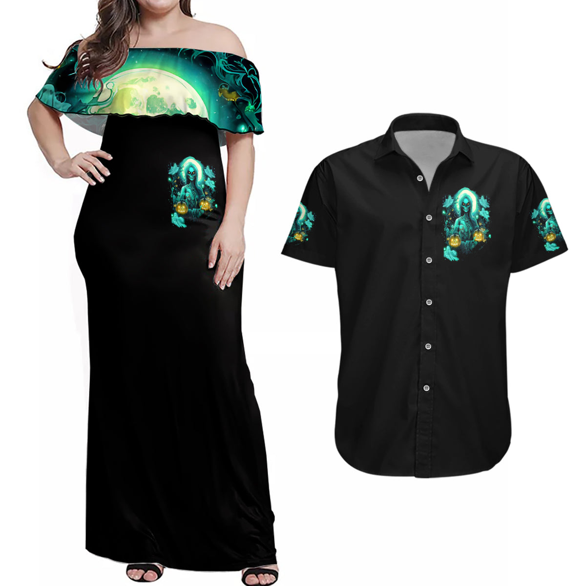 Witch Skull Couples Matching Off Shoulder Maxi Dress and Hawaiian Shirt Into Darkness To Lose Our Mind And Find Our Souls - Wonder Print Shop