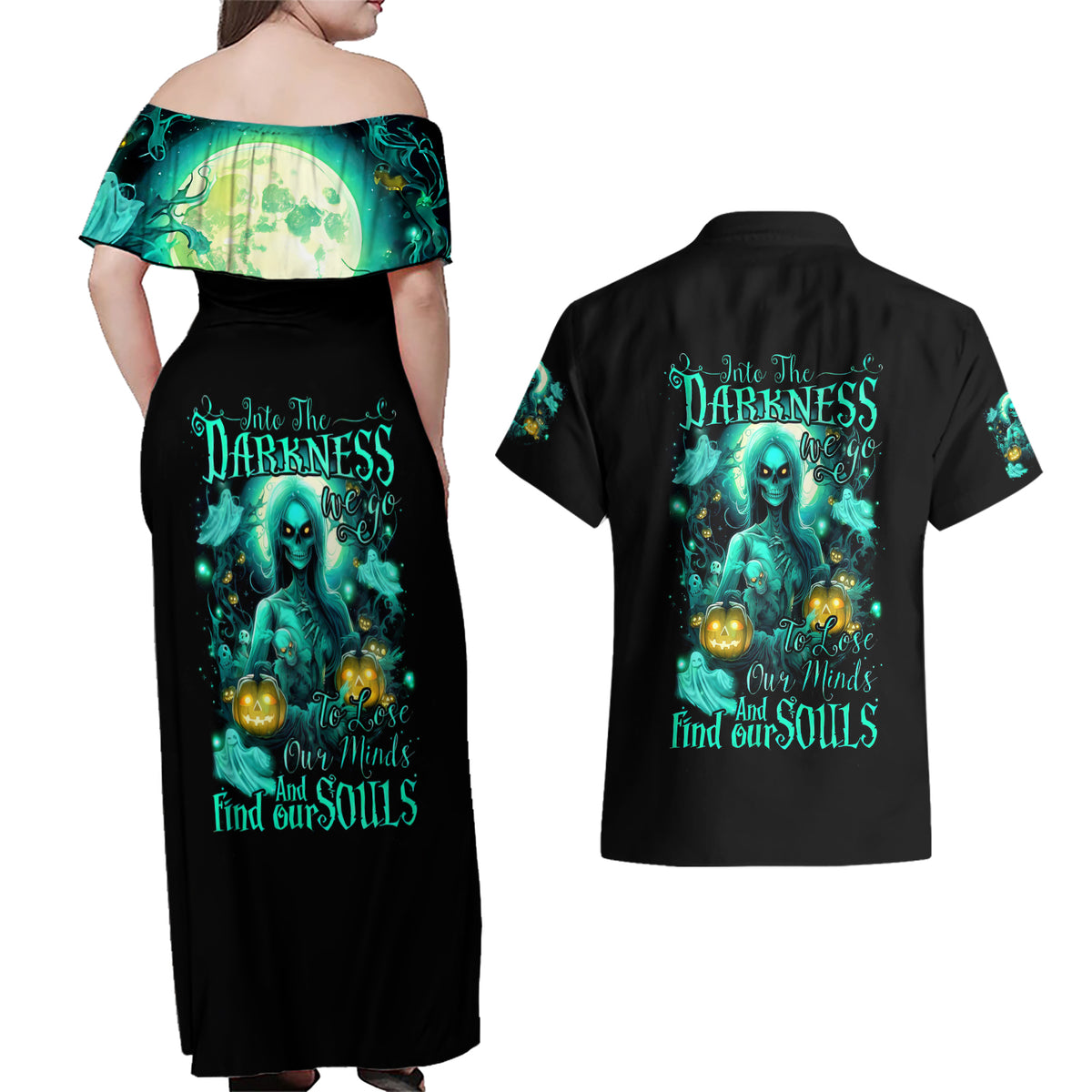 Witch Skull Couples Matching Off Shoulder Maxi Dress and Hawaiian Shirt Into Darkness To Lose Our Mind And Find Our Souls - Wonder Print Shop