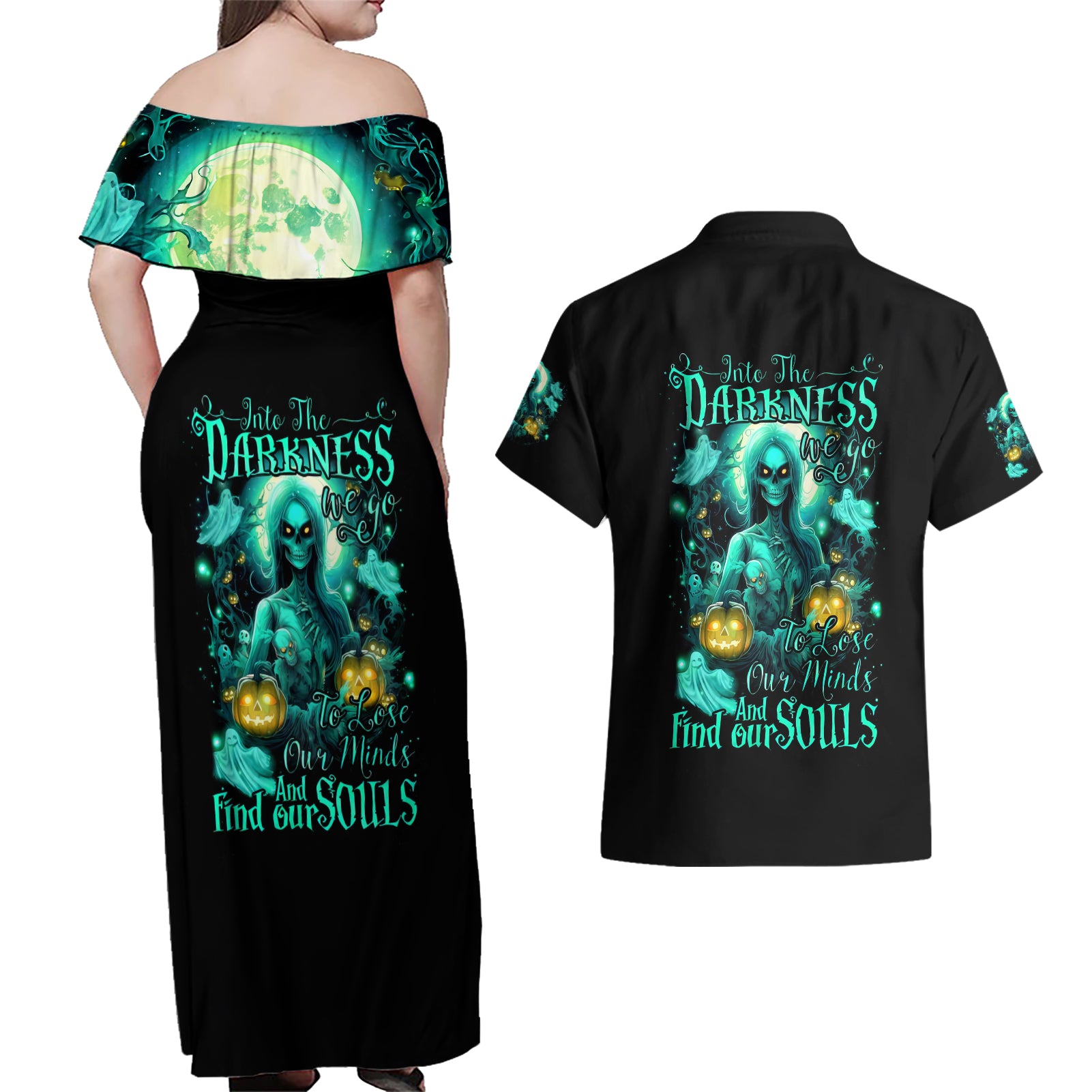 Witch Skull Couples Matching Off Shoulder Maxi Dress and Hawaiian Shirt Into Darkness To Lose Our Mind And Find Our Souls - Wonder Print Shop