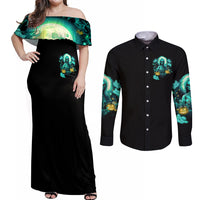 Witch Skull Couples Matching Off Shoulder Maxi Dress and Long Sleeve Button Shirts Into Darkness To Lose Our Mind And Find Our Souls - Wonder Print Shop