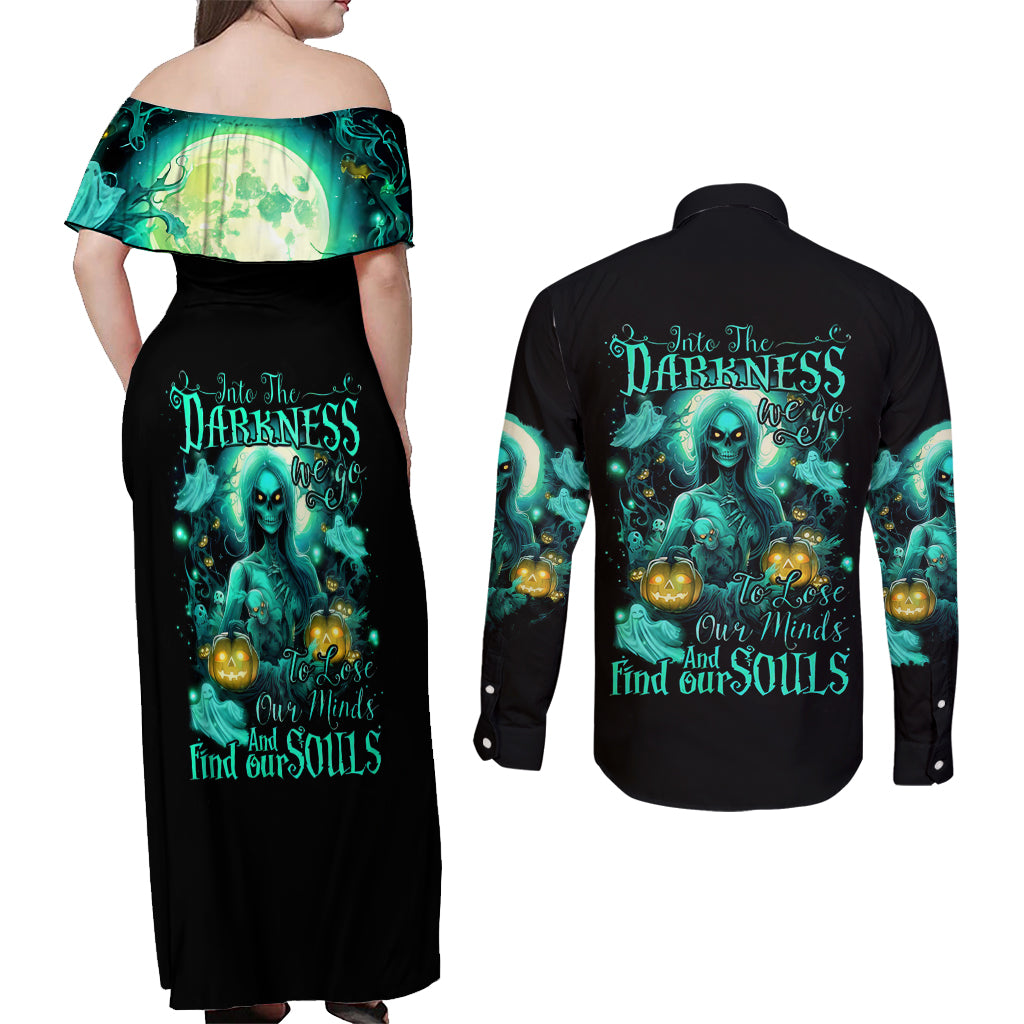 Witch Skull Couples Matching Off Shoulder Maxi Dress and Long Sleeve Button Shirts Into Darkness To Lose Our Mind And Find Our Souls - Wonder Print Shop