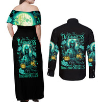 Witch Skull Couples Matching Off Shoulder Maxi Dress and Long Sleeve Button Shirts Into Darkness To Lose Our Mind And Find Our Souls - Wonder Print Shop