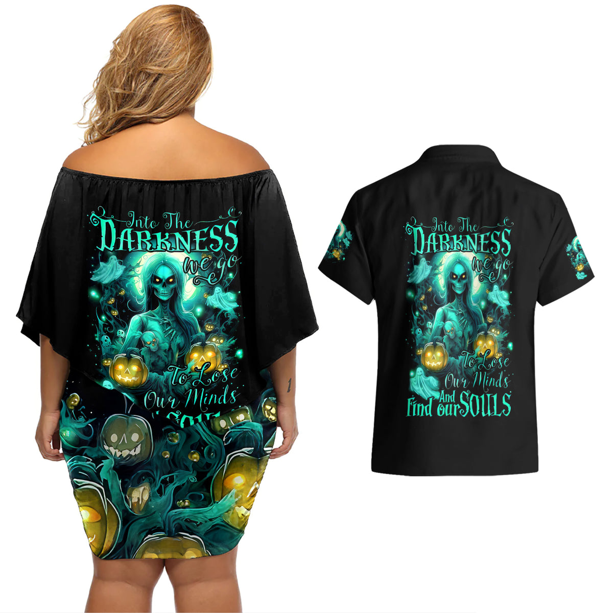 Witch Skull Couples Matching Off Shoulder Short Dress and Hawaiian Shirt Into Darkness To Lose Our Mind And Find Our Souls - Wonder Print Shop