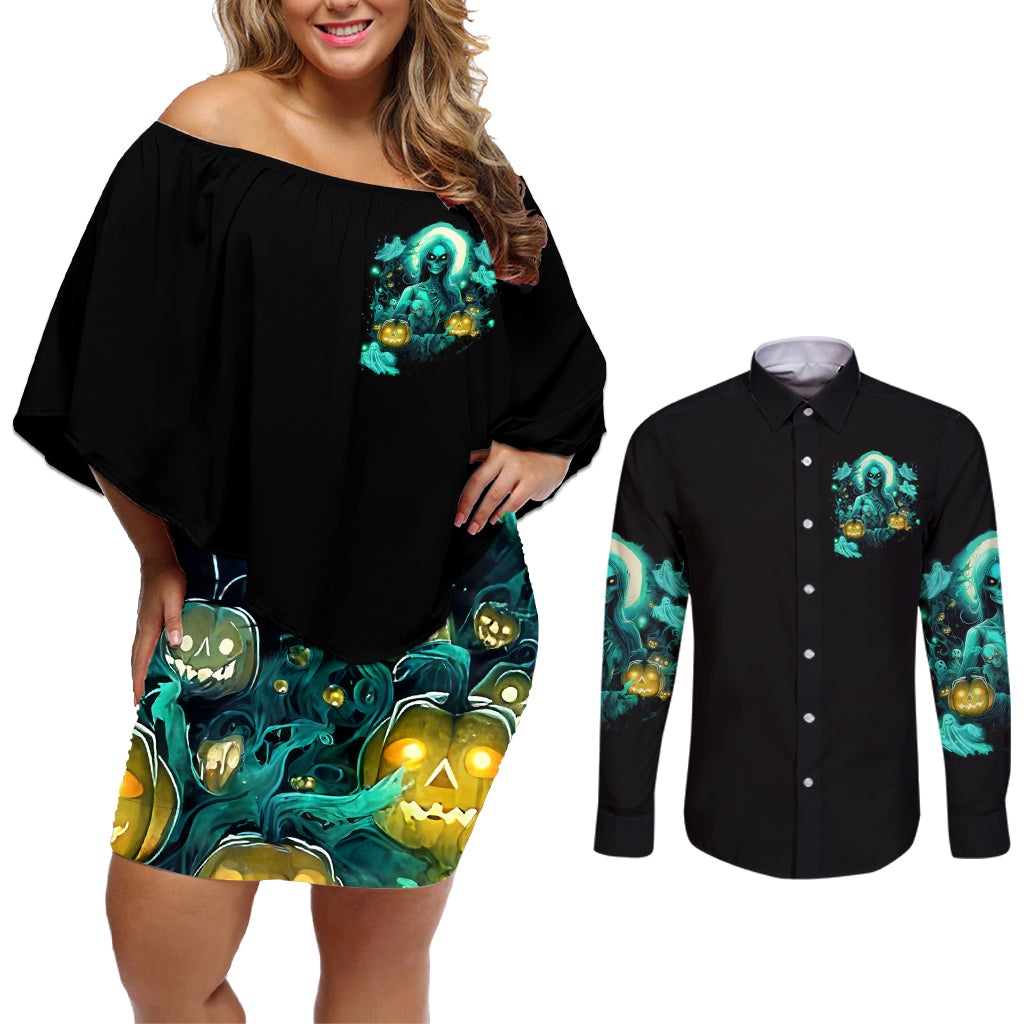 Witch Skull Couples Matching Off Shoulder Short Dress and Long Sleeve Button Shirts Into Darkness To Lose Our Mind And Find Our Souls - Wonder Print Shop