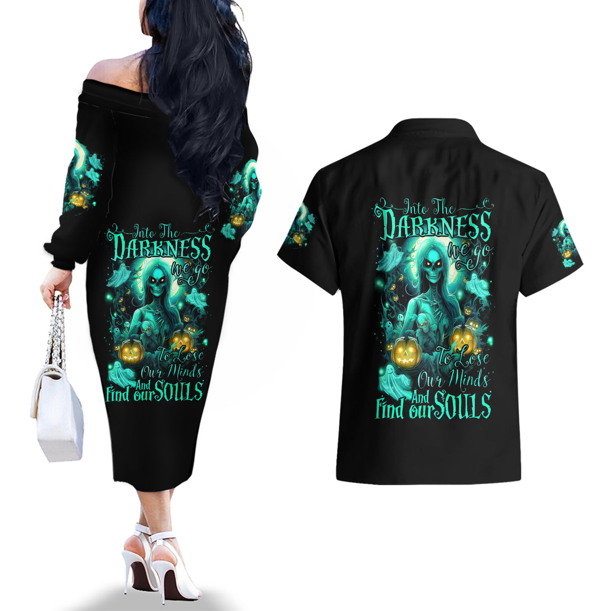 Witch Skull Couples Matching Off The Shoulder Long Sleeve Dress and Hawaiian Shirt Into Darkness To Lose Our Mind And Find Our Souls - Wonder Print Shop