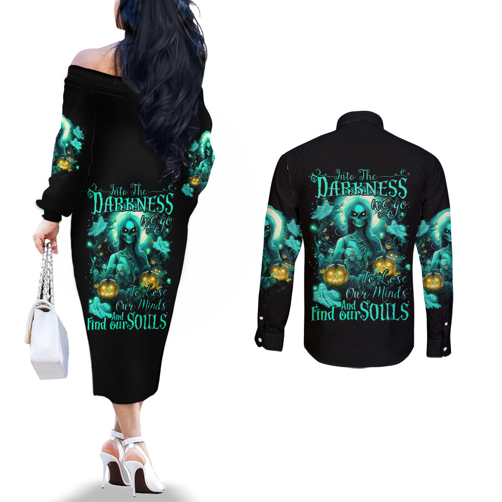 Witch Skull Couples Matching Off The Shoulder Long Sleeve Dress and Long Sleeve Button Shirts Into Darkness To Lose Our Mind And Find Our Souls DT01