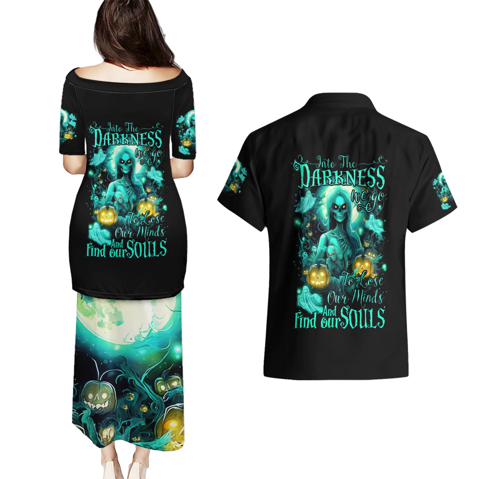 Witch Skull Couples Matching Puletasi Dress and Hawaiian Shirt Into Darkness To Lose Our Mind And Find Our Souls - Wonder Print Shop