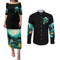 Witch Skull Couples Matching Puletasi Dress and Long Sleeve Button Shirts Into Darkness To Lose Our Mind And Find Our Souls - Wonder Print Shop