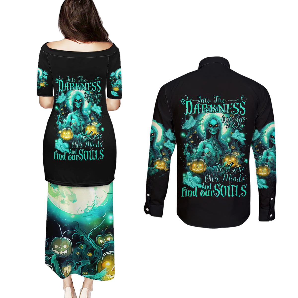 Witch Skull Couples Matching Puletasi Dress and Long Sleeve Button Shirts Into Darkness To Lose Our Mind And Find Our Souls - Wonder Print Shop