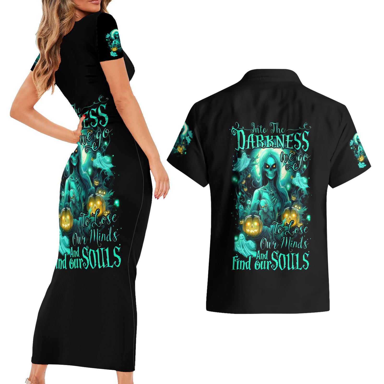 Witch Skull Couples Matching Short Sleeve Bodycon Dress and Hawaiian Shirt Into Darkness To Lose Our Mind And Find Our Souls - Wonder Print Shop