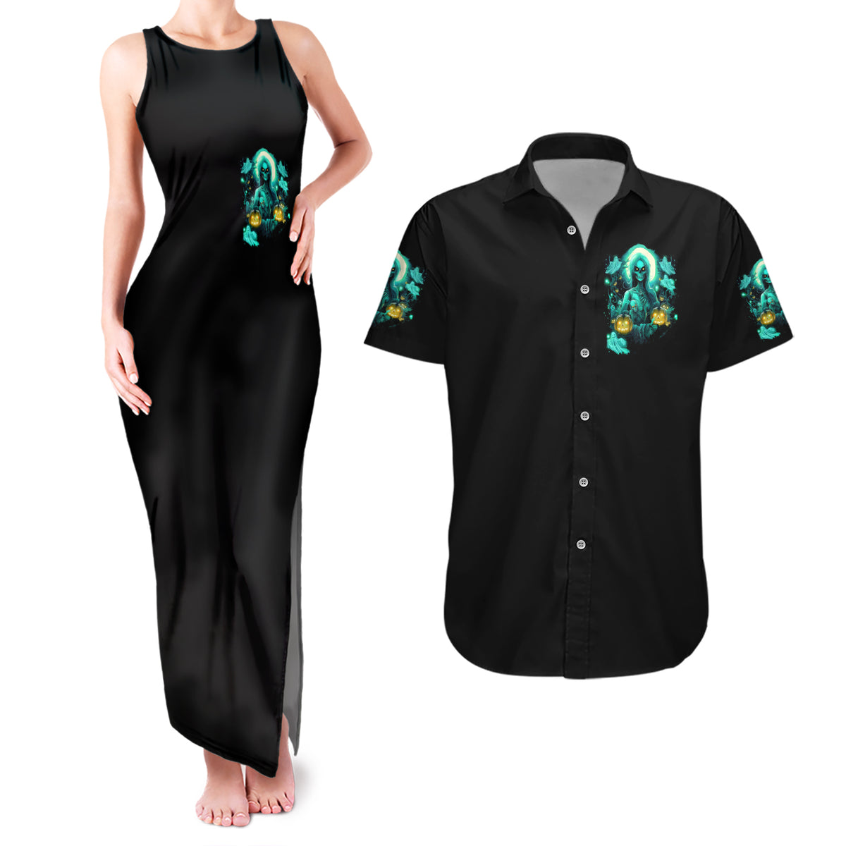 Witch Skull Couples Matching Tank Maxi Dress and Hawaiian Shirt Into Darkness To Lose Our Mind And Find Our Souls - Wonder Print Shop