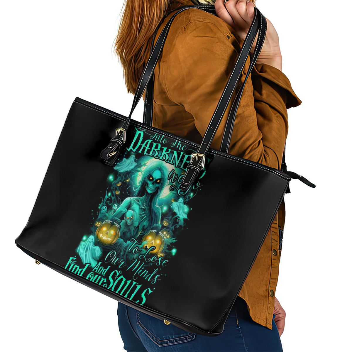 Witch Skull Leather Tote Bag Into Darkness To Lose Our Mind And Find Our Souls - Wonder Print Shop