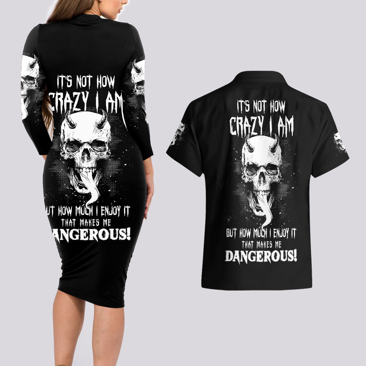Devil Skull Couples Matching Long Sleeve Bodycon Dress and Hawaiian Shirt It's Not How Crazy Iam But Enjoy It Make Me Dangerous - Wonder Print Shop